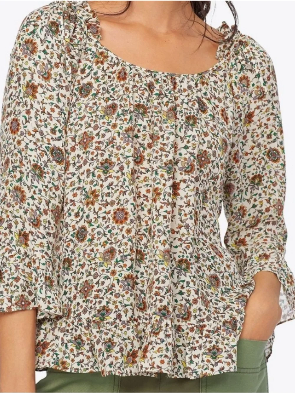 Tory Burch Ivory Soleil 100% Silk Floral Ruffle Peasant Blouse Sz 4 Boho Luxury